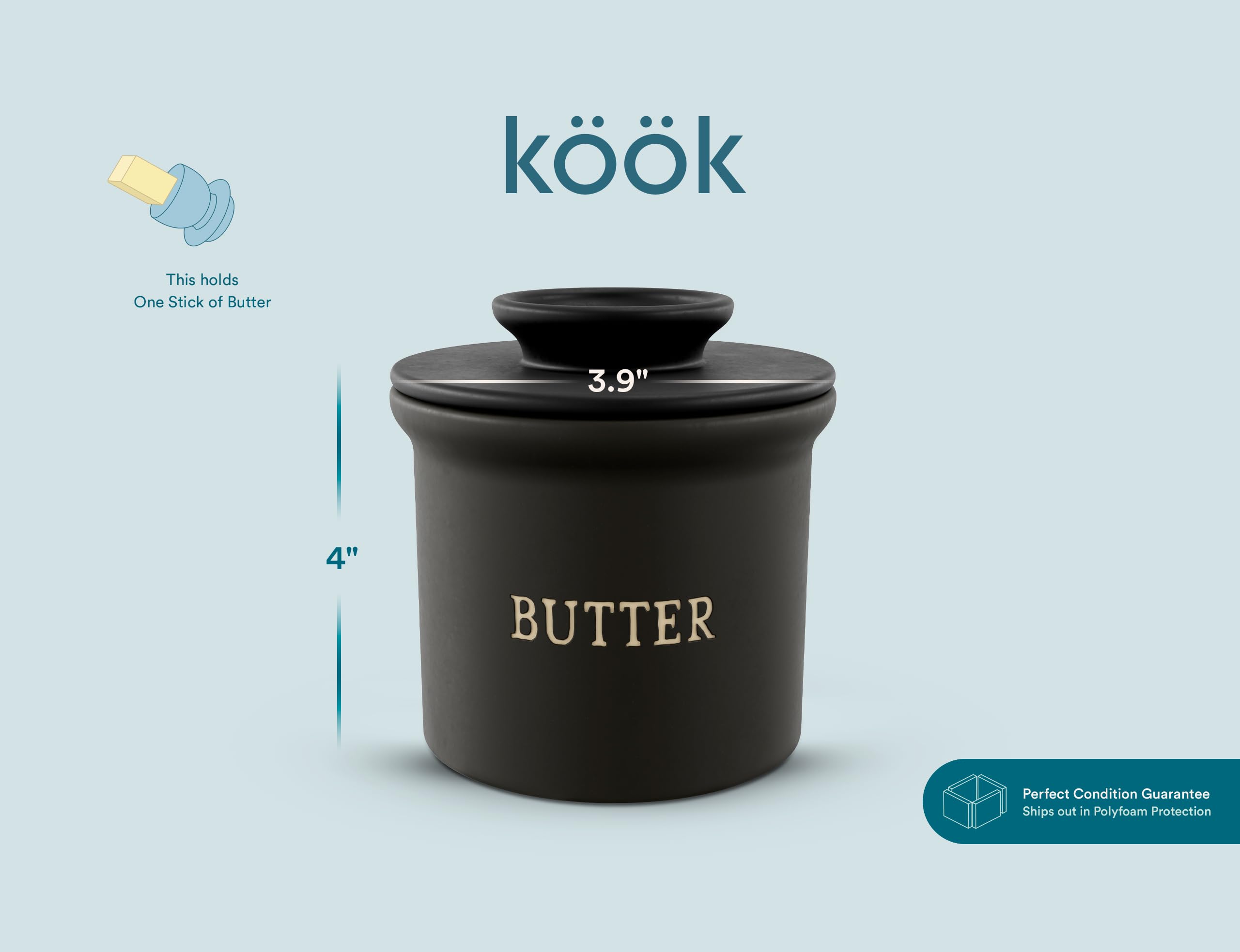 Kook Butter Crock with Lid, Soft Spreadable Butter, Ceramic French Butter Keeper to Leave On Counter with Water Line, Butter Dis